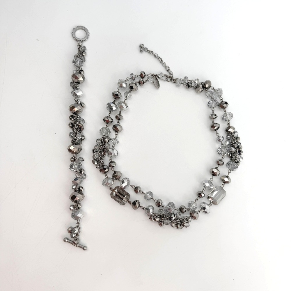 White House Black Market Grey Faceted Bead Necklace and Bracelet Set Silver Tone